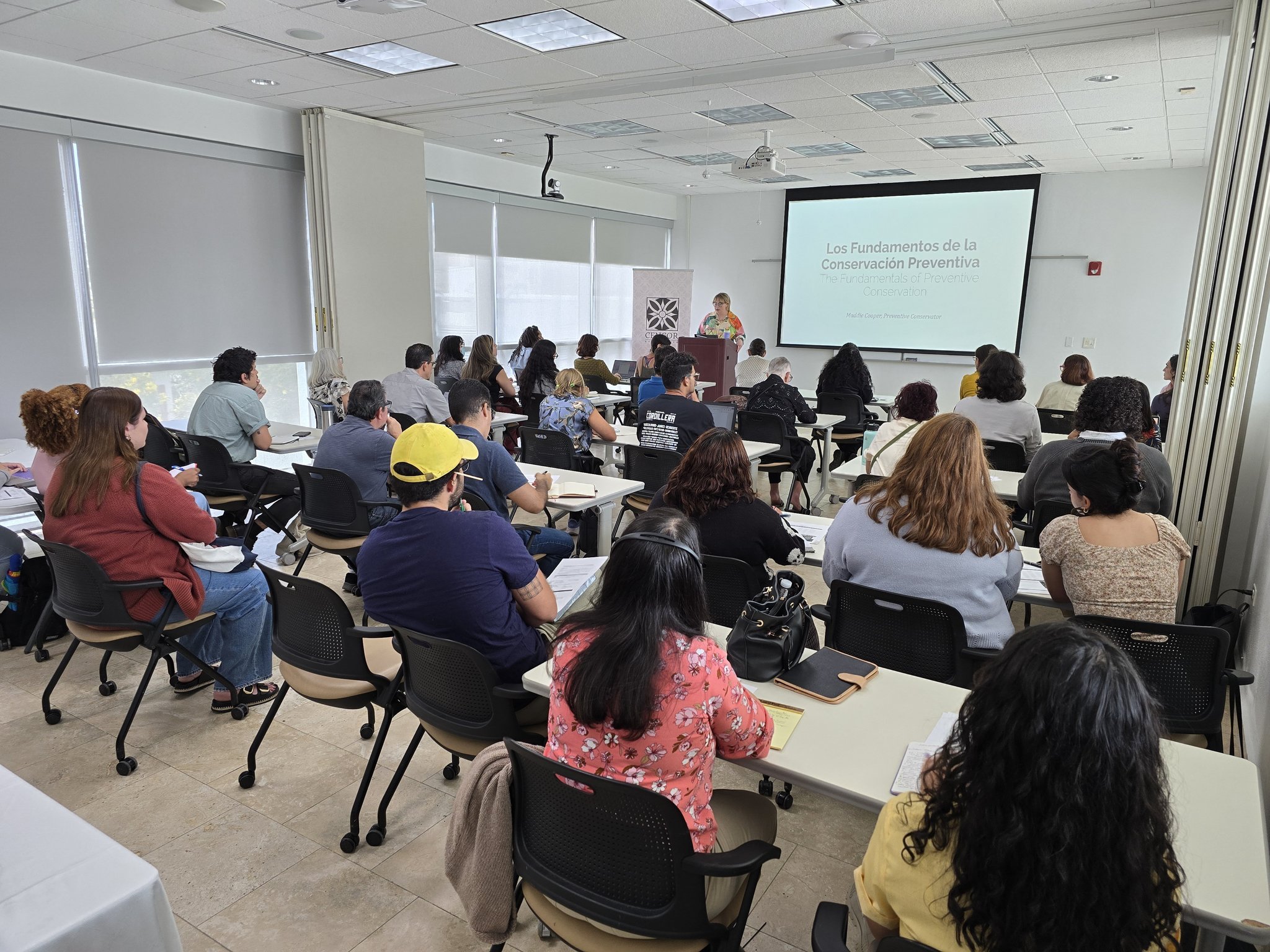 Backs of students in a class room, looking at an instructor at the front of the room.
